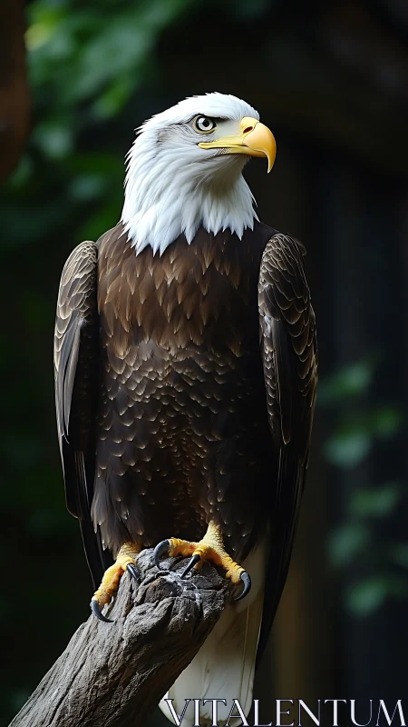 Regal bald eagle portrait on weathered branch in soft bokeh.