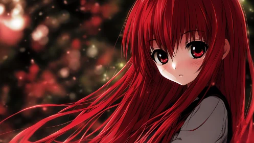 Red haired anime girl with flowing hair at night.