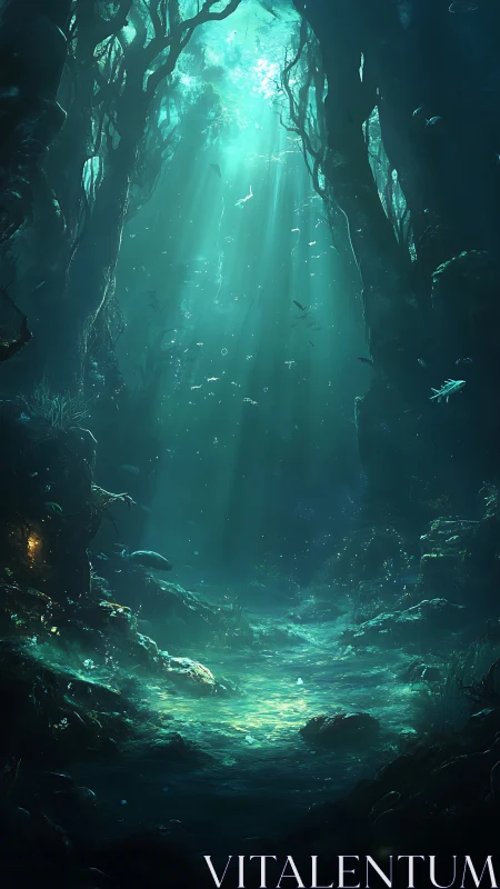 Submerged cavern flooded with ethereal turquoise light and bioluminescent glow.