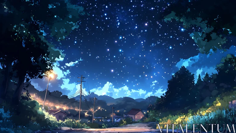 Rural valley nightscape under dense starfield and layered blue sky