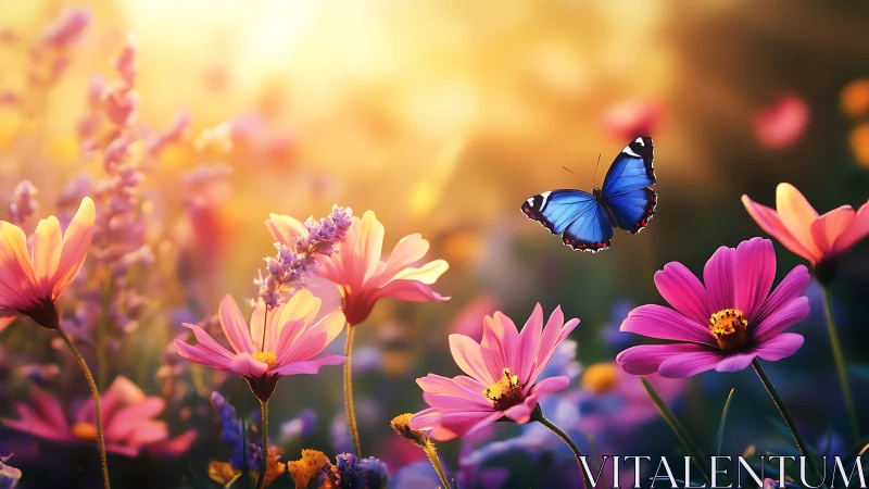Blue Butterfly Dancing Among Vibrant Cosmos Blooms