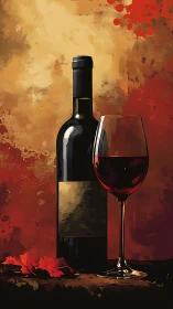 Red wine bottle and glass on warm abstract background.
