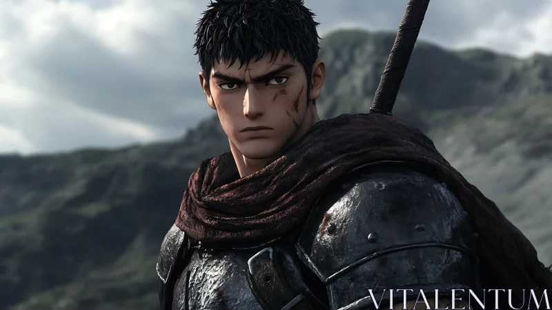 Armored warrior portrait is rendered against a mountain landscape