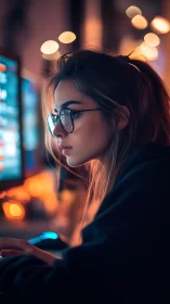 Side-lit coder at ultrawide monitor in shallow depth of field