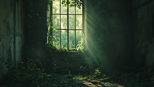 Volumetric sun rays illuminate overgrown abandoned interior window