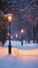 Snow-draped lampposts hum softly along a winter corridor