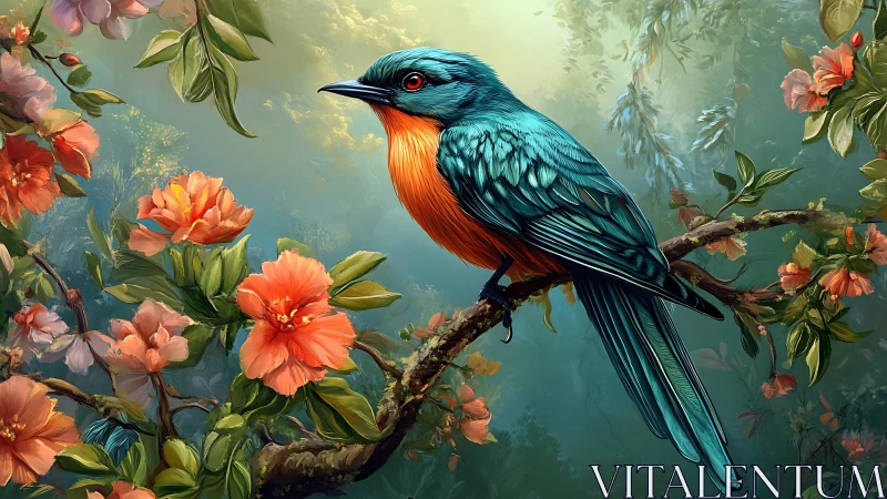 Vibrant blue and orange bird on floral branch, digital painting style.