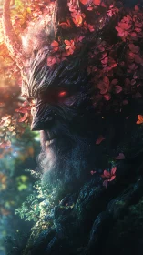 Forest warlock of burning petals and ancient bark visage.