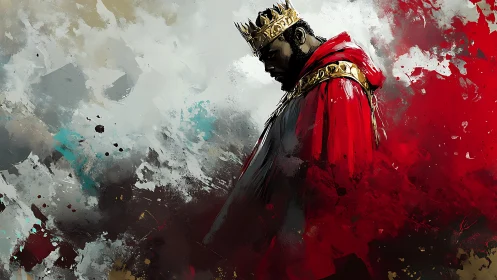 Crowned figure in red cloak stands against abstract backdrop