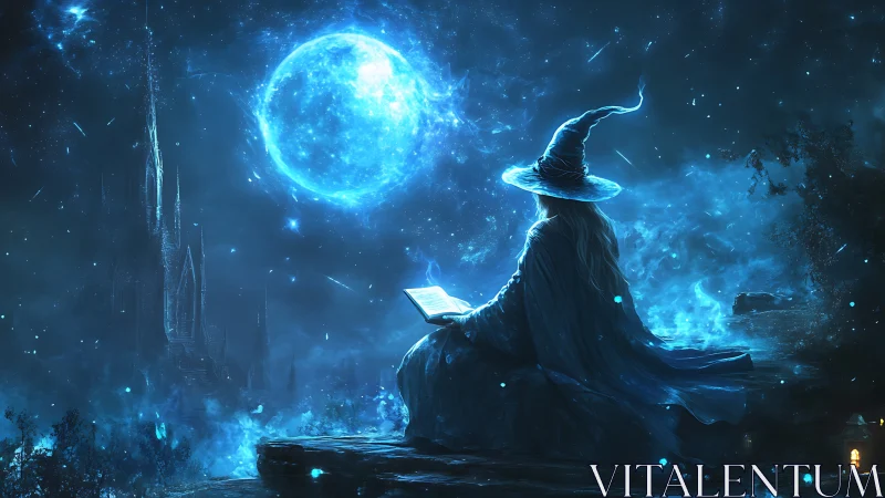 Wizard studies glowing spellbook beneath luminous blue moon