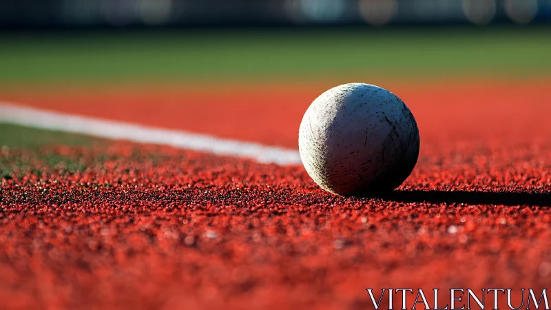 Lonely field hockey ball waits boldly on scarlet turf