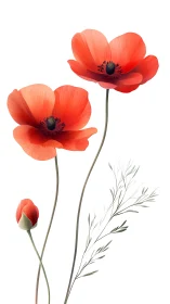 Red poppies with unopened bud and delicate grass stems.
