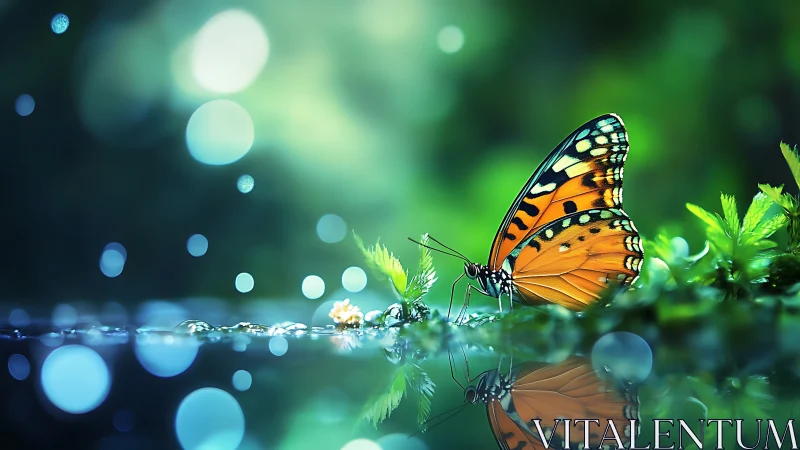 Butterfly rests beside water with luminous bokeh reflections.