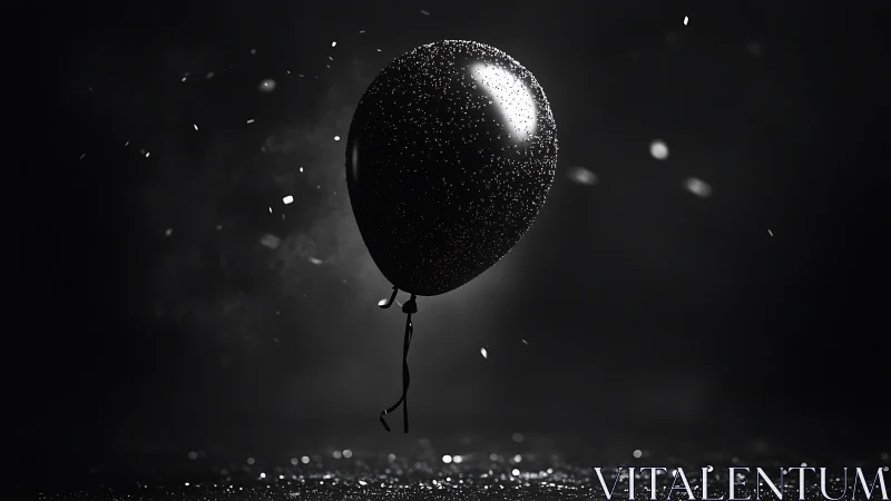 Single black balloon in dark space with scattered glitter.