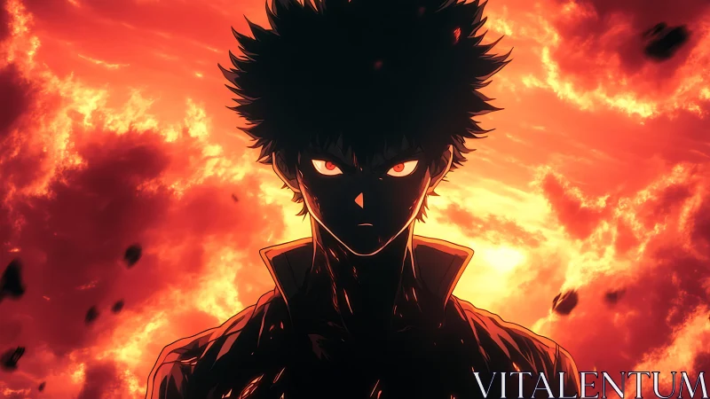 Silhouetted spiky-haired figure before fiery clouded sky.