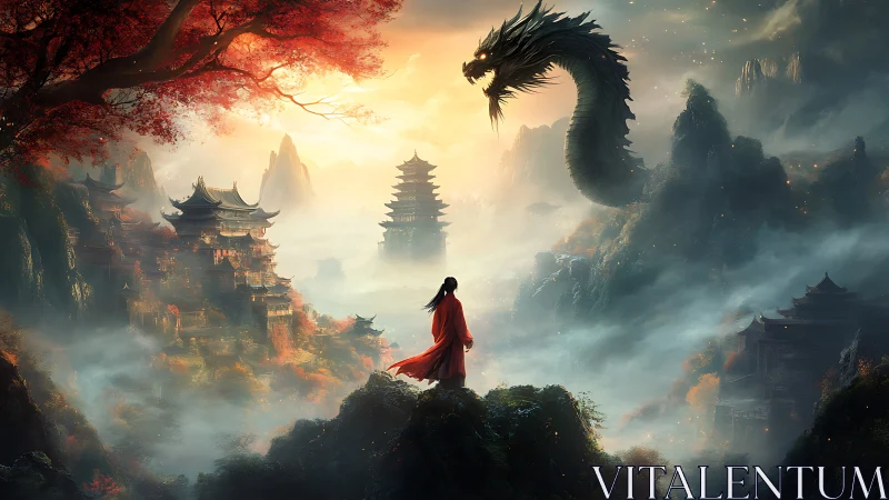 Red-robed dreamer bargains with a dawnlit mountain dragon