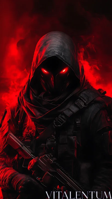 Hooded futuristic assassin emerges from red infernal smoke