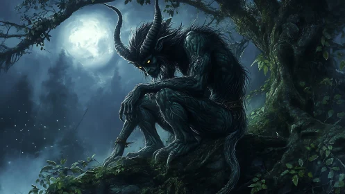 Moonlit forest demon pauses in quiet, brooding reflection