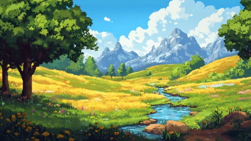 Mountain valley landscape with stream and wildflower meadow.