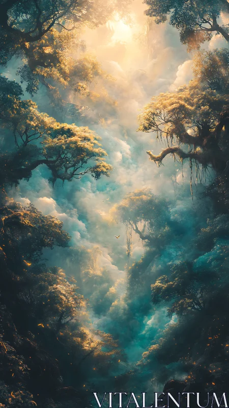 Aerial Forest Canopy with Golden Sunlight and Atmospheric Volumetric Effects