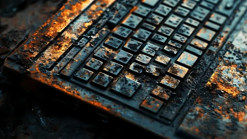 Damaged computer keyboard lies covered in rust and debris