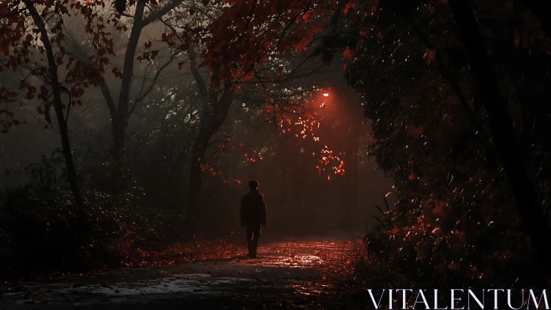 Solitary figure walking under red streetlight at night.