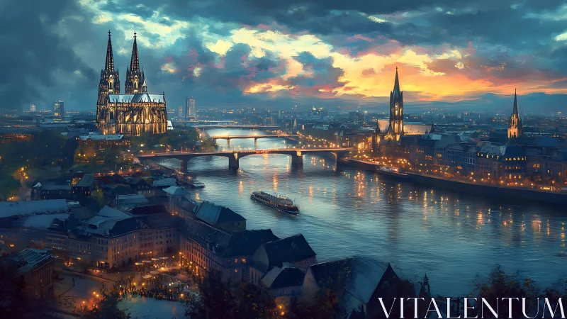 Digital painting of illuminated cathedral river cityscape at dusk.