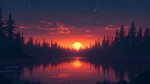Radiant lacustrine sunset with silhouetted conifer array panorama.