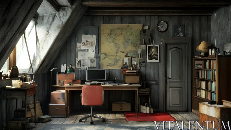 Photorealistic attic study with vintage cartographic workstation.