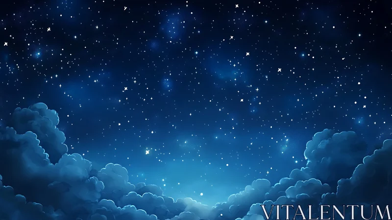 Starry blue night sky above layered soft clouds.