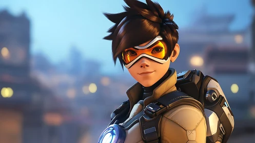 Futuristic pilot portrait with orange visor and tech rig.