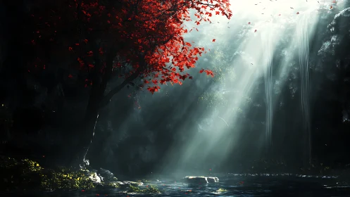 Red maple tree beside luminous waterfall in dark ravine