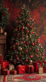 Christmas tree with red ornaments and gifts on carpeted floor.