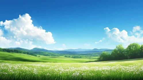 Wide green meadow with distant hills under clear blue sky.