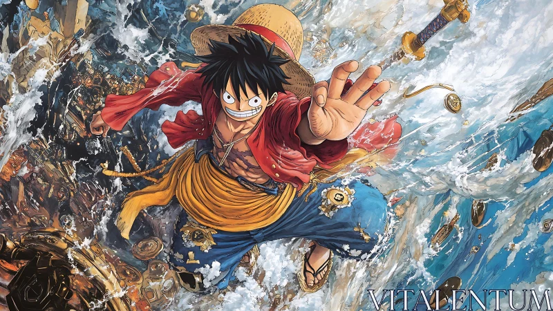 Energetic pirate plunges through waves amid swirling treasure