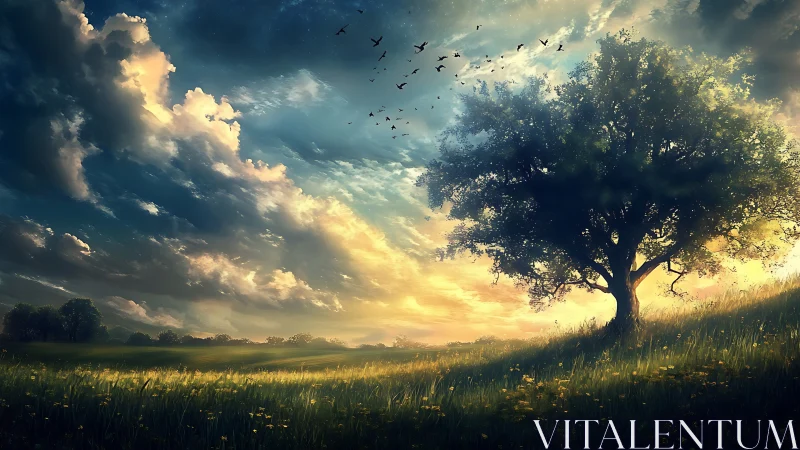 Solitary tree on sunlit meadow under dramatic sky.