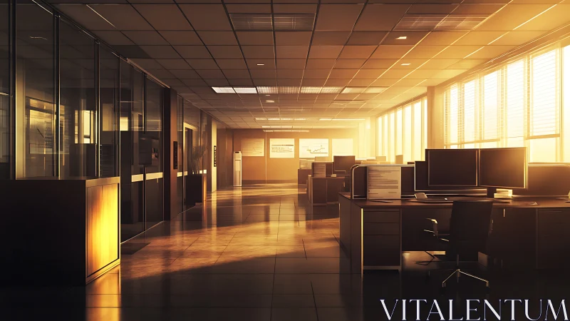 Golden hour quiets a modern open-plan office floor.