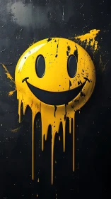 Distressed yellow smiley face dripping on dark wall.