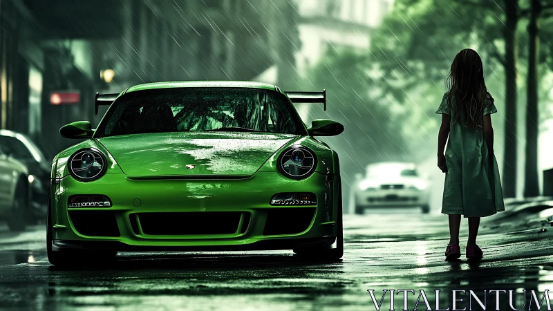 Neon green racer meets quiet wonder in a rainy city street.