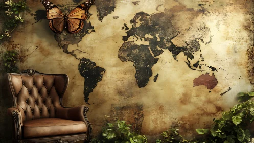Photorealistic vintage map wall with leather chair composition.