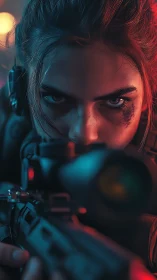 Tactical marksman portrait with neon bicolor cinematic lighting.