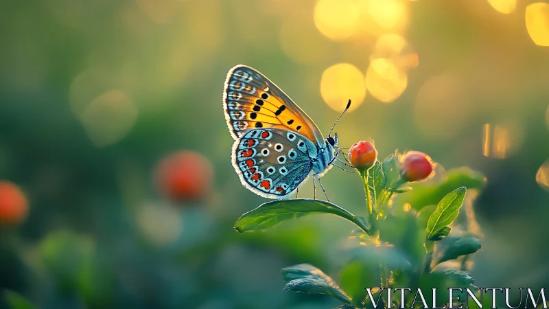 Sunlit butterfly perches like living stained glass at dusk