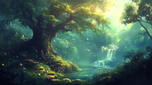 Enchanted Sanctuary: Where Ancient Trees Guard Cascading Waterfalls