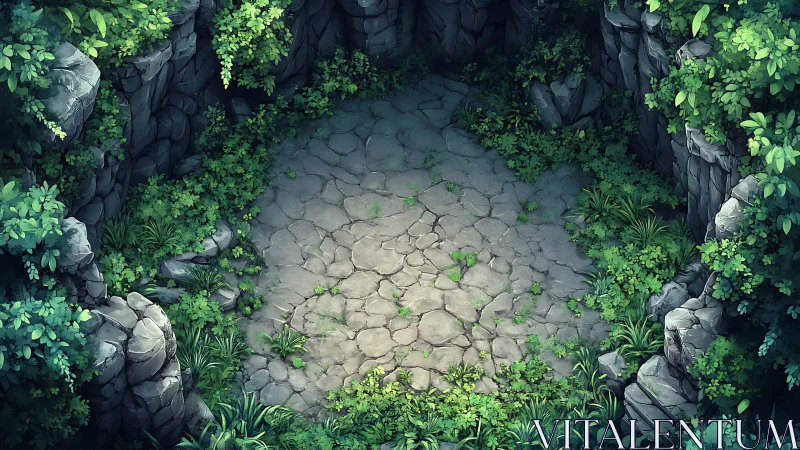 Sunlit stone clearing rests within overgrown rock walls