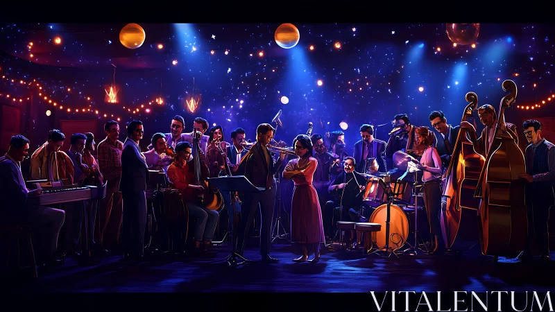 Joyful jazz ensemble glowing under starry club lights.