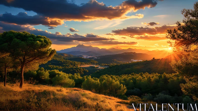 Sunset-illuminated conifer landscape frames distant alpine ridge
