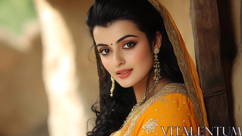 Sunlit mustard saree muse leaning by a rustic doorway.