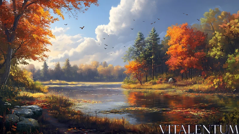 Golden autumn lake reflecting warm, colorful woodland calm.