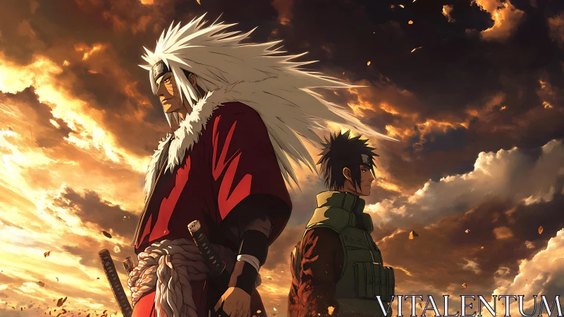 Stormlit warriors stand back to back in a golden sky