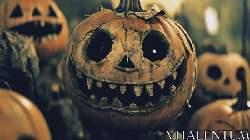 Decayed carved pumpkin with jagged teeth in close focus.